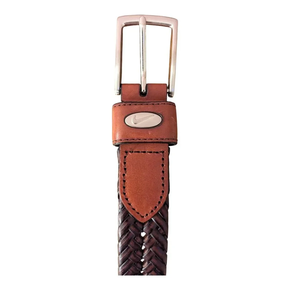 Nike Men's Braided Leather Belt Size 42 Brown Woven Bonded Silver Buckle Casual